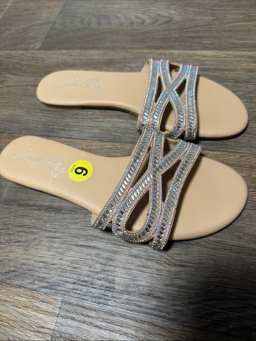 London Rag Women's Nude Slide Sandals with Iridescent Crystal Straps